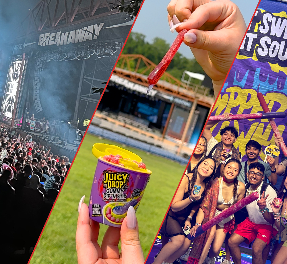 Three-panel image with a picture of a crowd at a festival stage, person dunking Juicy Drop Gummy Dip ‘N Stix into liquid sour candy, and festival goers holding giant Juicy Drop Gummy Dip ‘N Stix sour candy